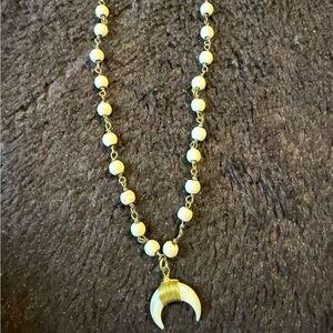 Chic Gold and White Beaded Necklace with Crescent Pendant